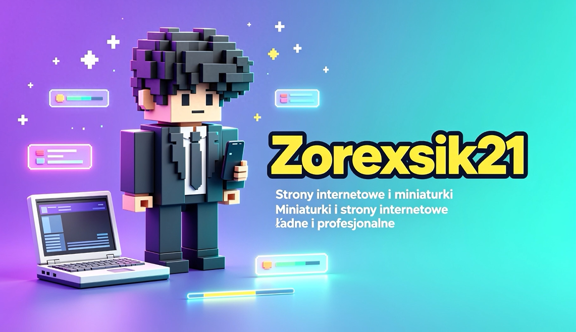 Zorexsik21 - neonowy motyw z postacia 3D, laptopem i napisem strony internetowe i miniaturki